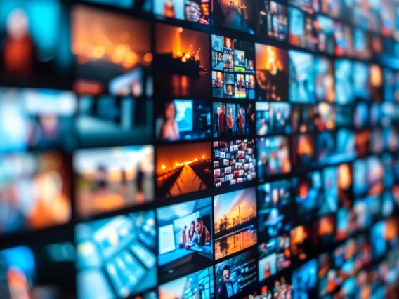 Wall of digital screens displaying a variety of colorful images and videos, representing multimedia data, AI-driven content analysis, and the intersection of artificial intelligence with media and communication technologies.