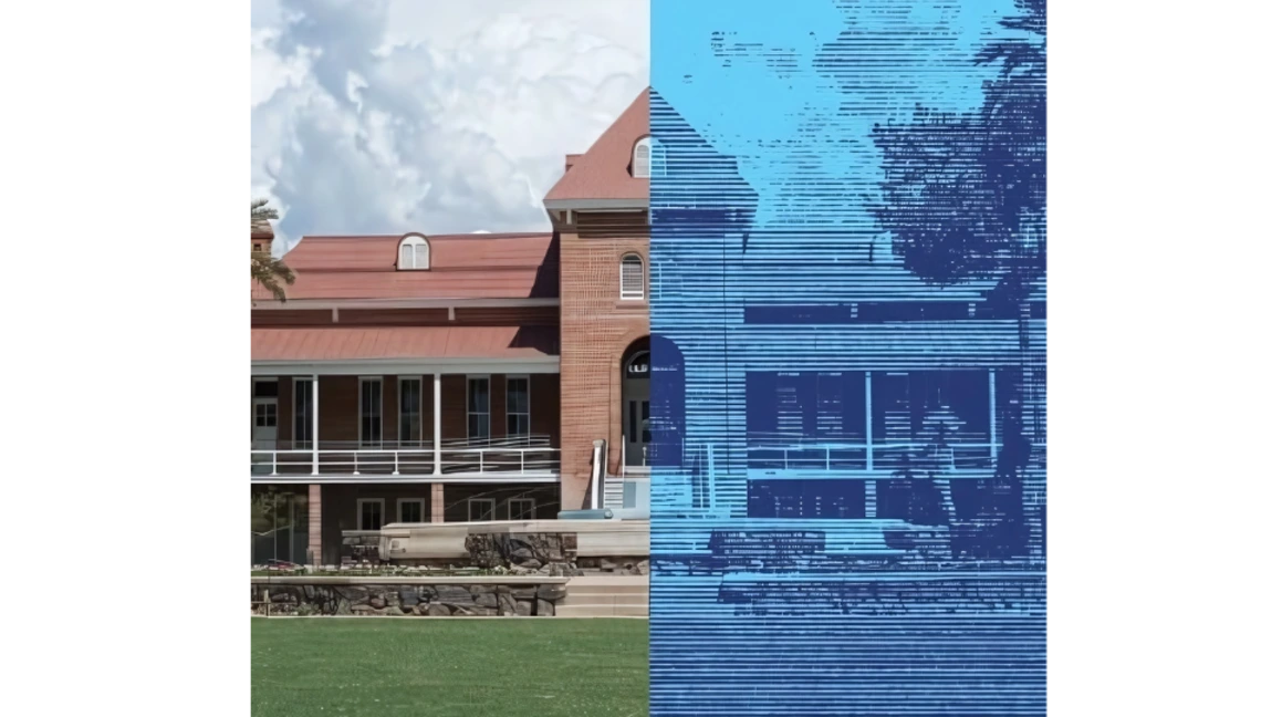 Split image of Old Main at the University of Arizona; the left half shows the building in full color under a blue sky, while the right half displays a digital, blue-toned rendering