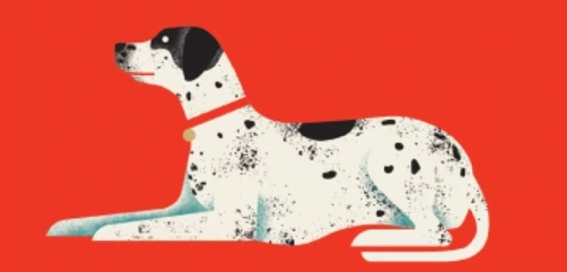 Illustration of white dog in front of red background